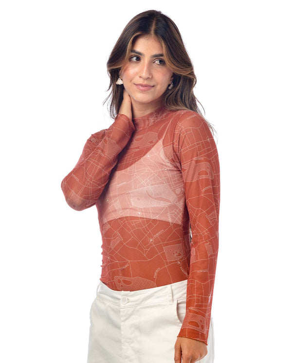 Body para mujer color cobre manga larga en malla tex