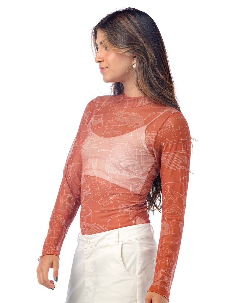 Body para mujer color cobre manga larga en malla tex