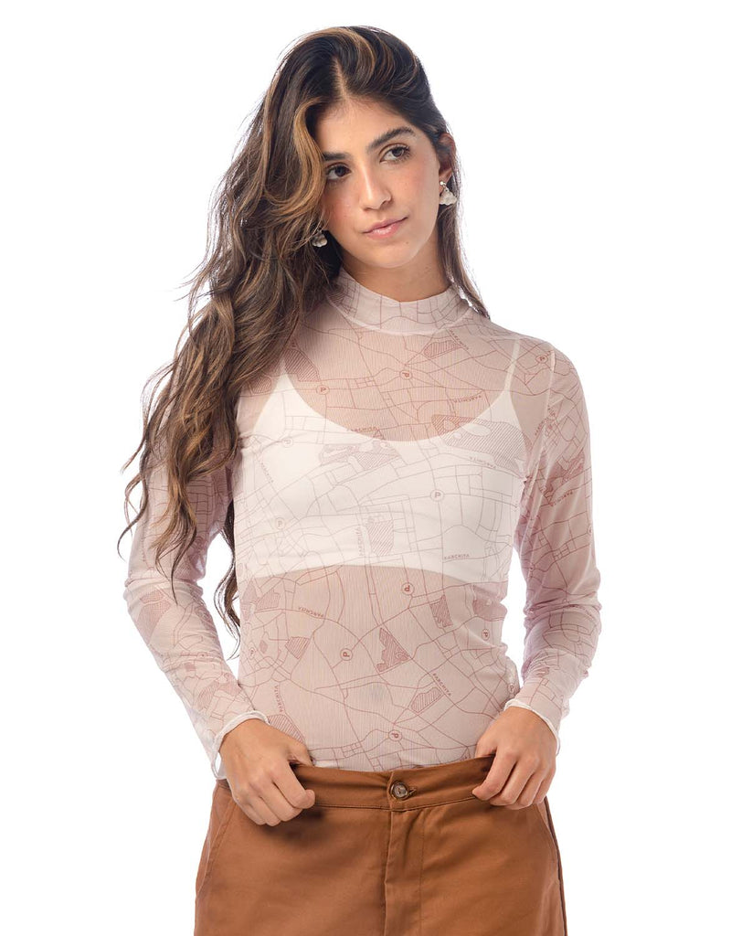 Body para mujer beige manga larga en malla tex