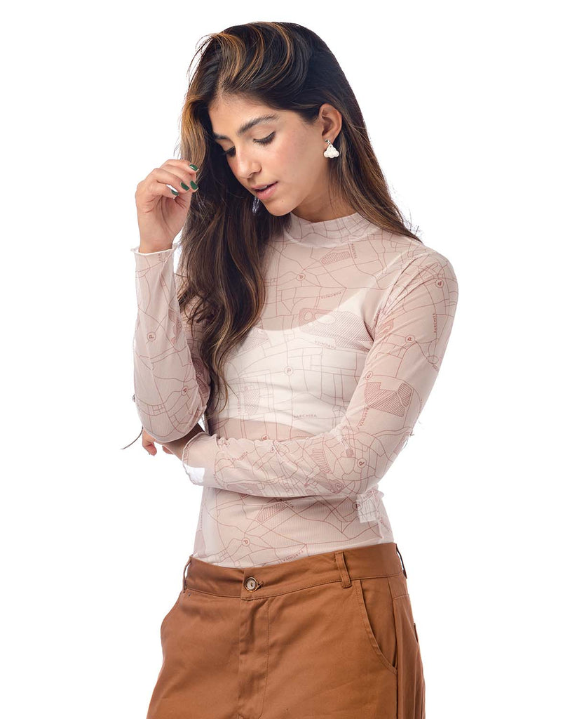 Body para mujer beige manga larga en malla tex