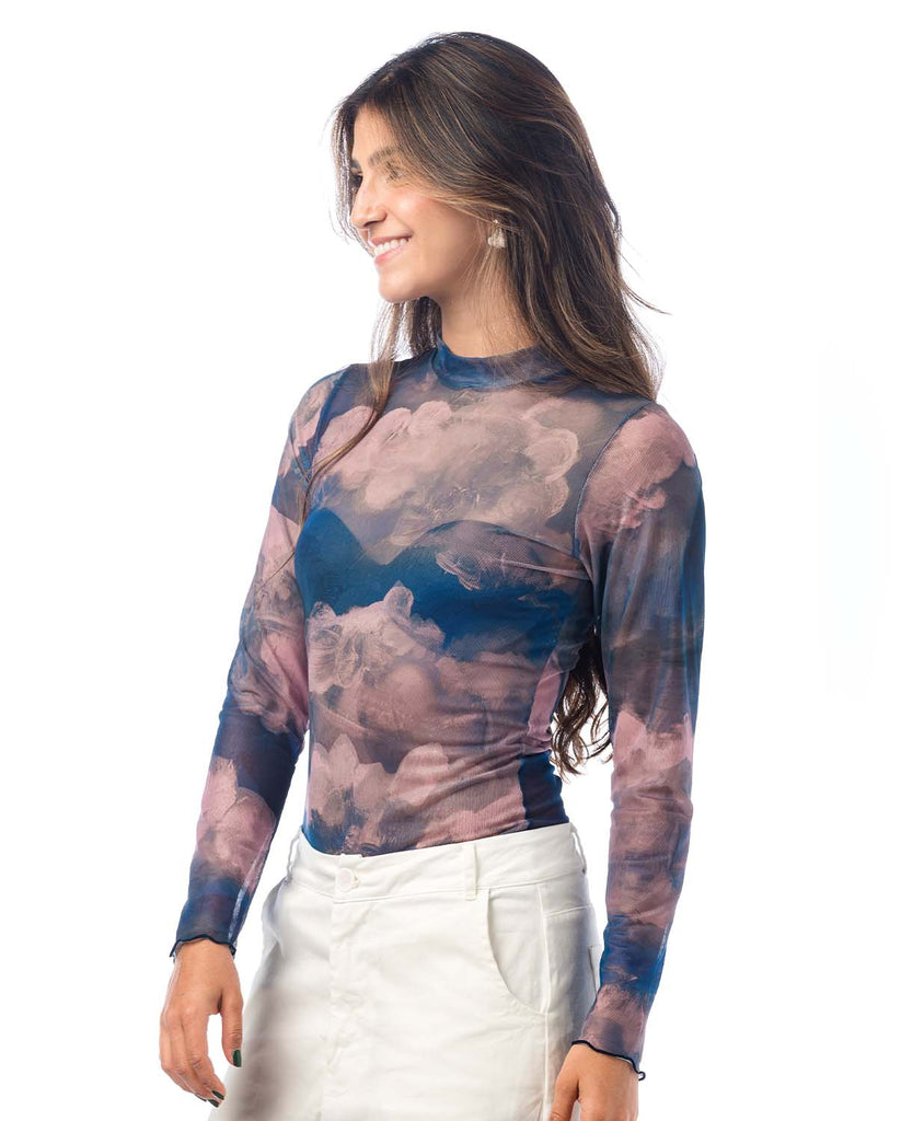 Body para mujer manga larga en malla tex color azul