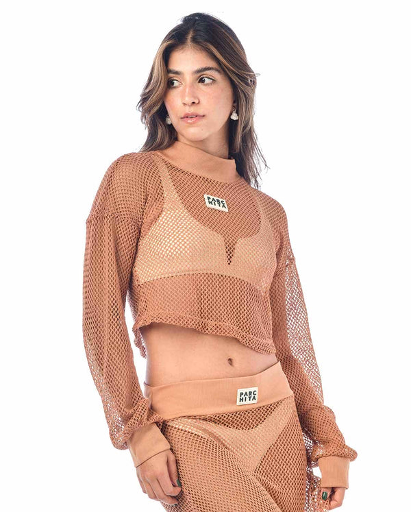 Buso para mujer cuello alto mangas largas en tela textil color cobre