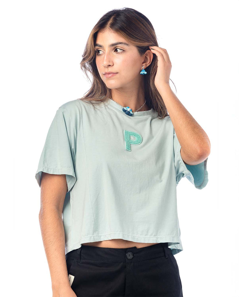 Top para mujer en algodón azul cielo manga corta y escote redondo.