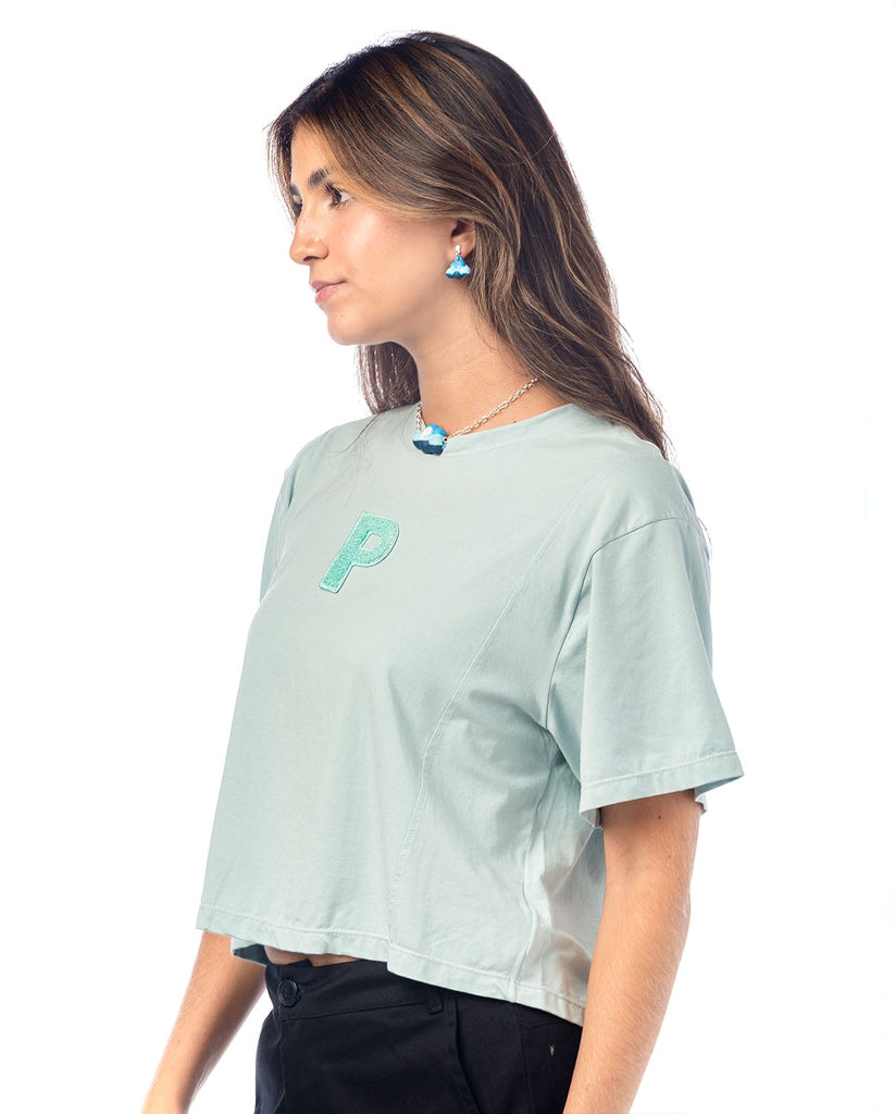 Top para mujer en algodón azul cielo manga corta y escote redondo.