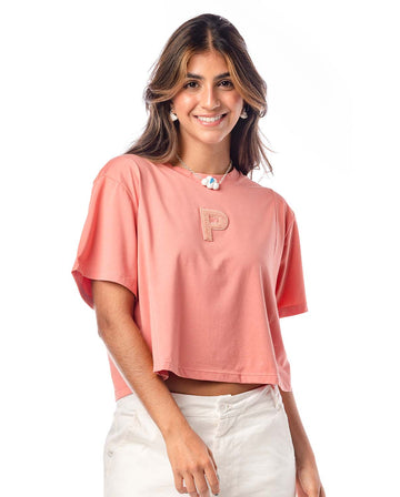 Top para mujer en algodón peach manga corta y escote redondo.