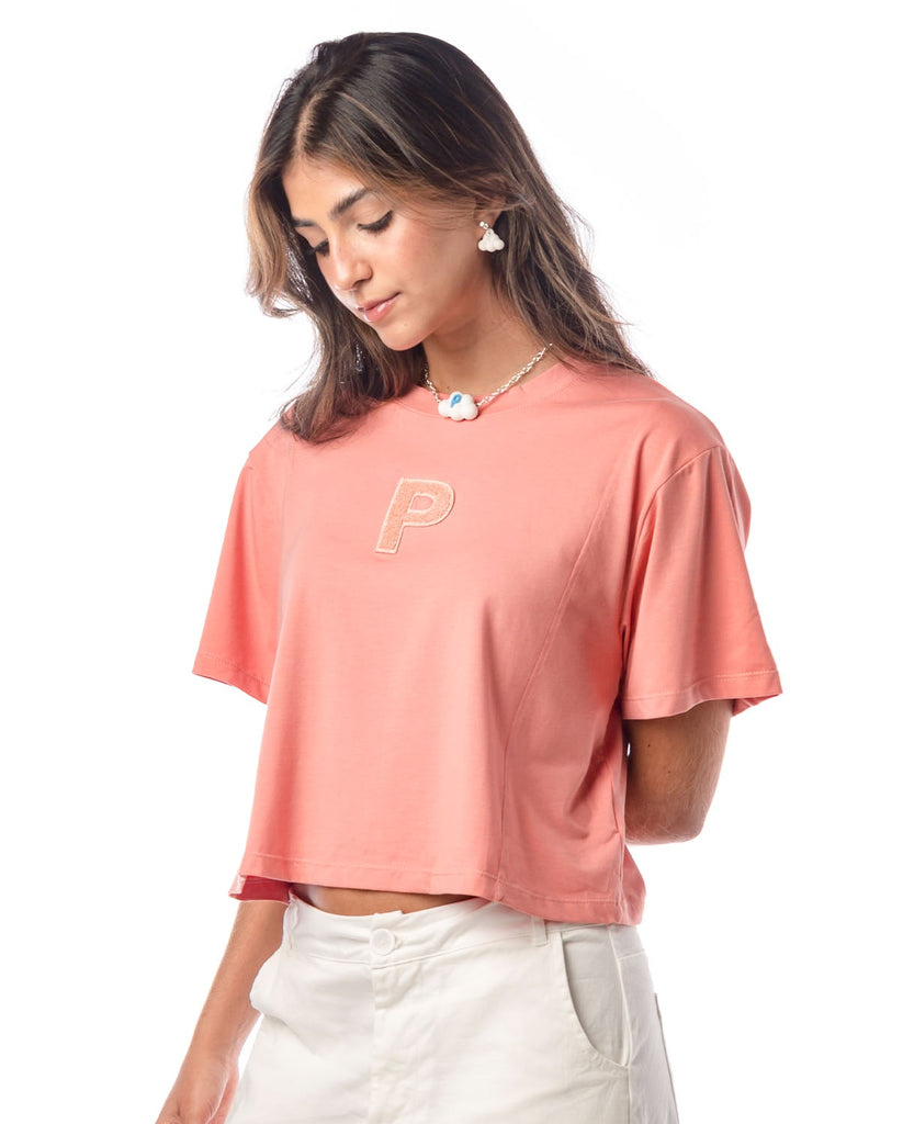 Top para mujer en algodón peach manga corta y escote redondo.