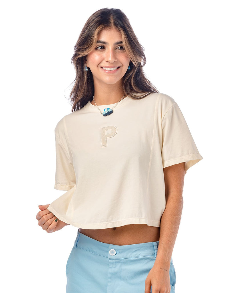 Top para mujer en algodón marfil manga corta y escote redondo.