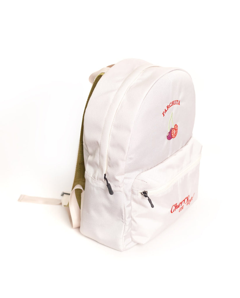 Morral Cherry para mujer en Lona sublimada con cremallera y cargadera ajustable color beige