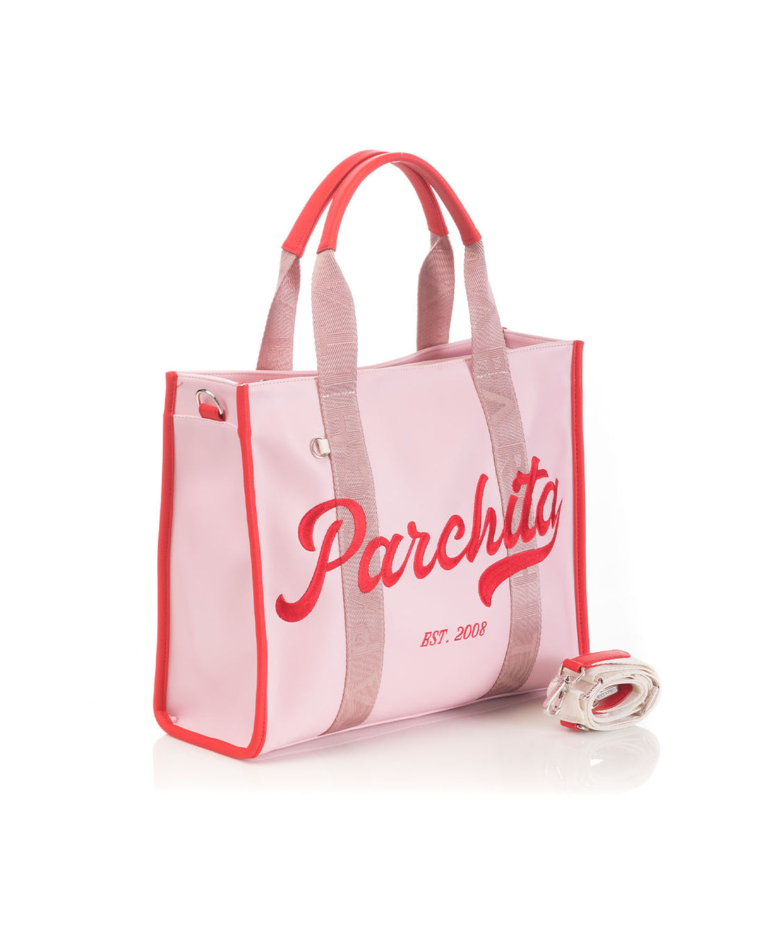 Bolso para mujer en PVC grande con bolsillos internos color rosado y correa ajustable ajustable