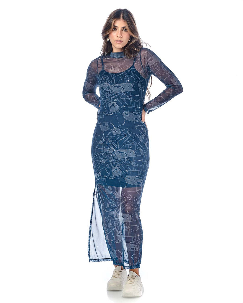 Vestido para mujer largo con abertura lateral&nbsp; color azul maga larga en tela malla tex