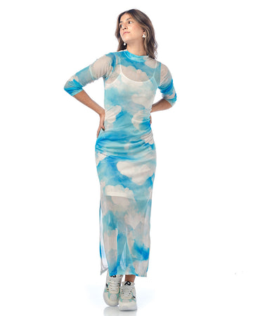 Vestido para mujer color azul cielo maga larga en tela malla tex