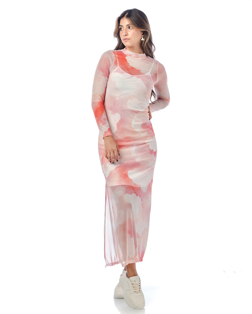 Vestido para mujer largo con abertura lateral color sunset maga larga en tela malla tex